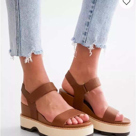 Sorel Joanie IV Y strap wedge leather sandals velvet tan blackened brown size 9 - Picture 7 of 17